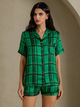 [Green Plaid] SilkSilky Short Sleeve Notch Collar Women's Pajamas 001