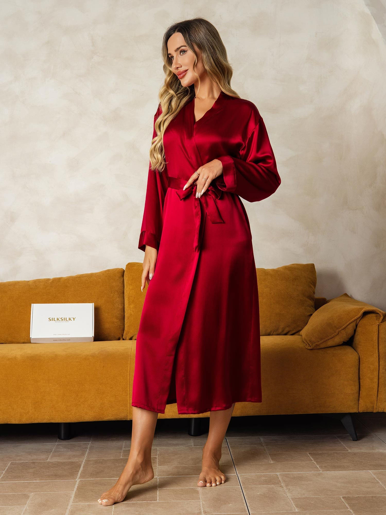 SilkSilky Women's 100% Silk Midi Robe for Bride / Bridesmaid, Wine / XL(14) SilkSilky Women's 100% Silk Midi Robe for Bride / Bridesmaid, Wine / XL(14)
