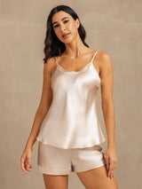 [Beige] SilkSilky Spaghetti Strap V Neck Camisole Set 001