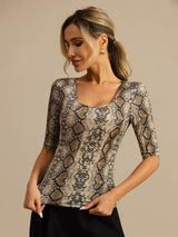 [Snakeskin] SilkSilky 100% Silk Jersey Half Sleeve Scoop Neck Women's T-Shirt 003