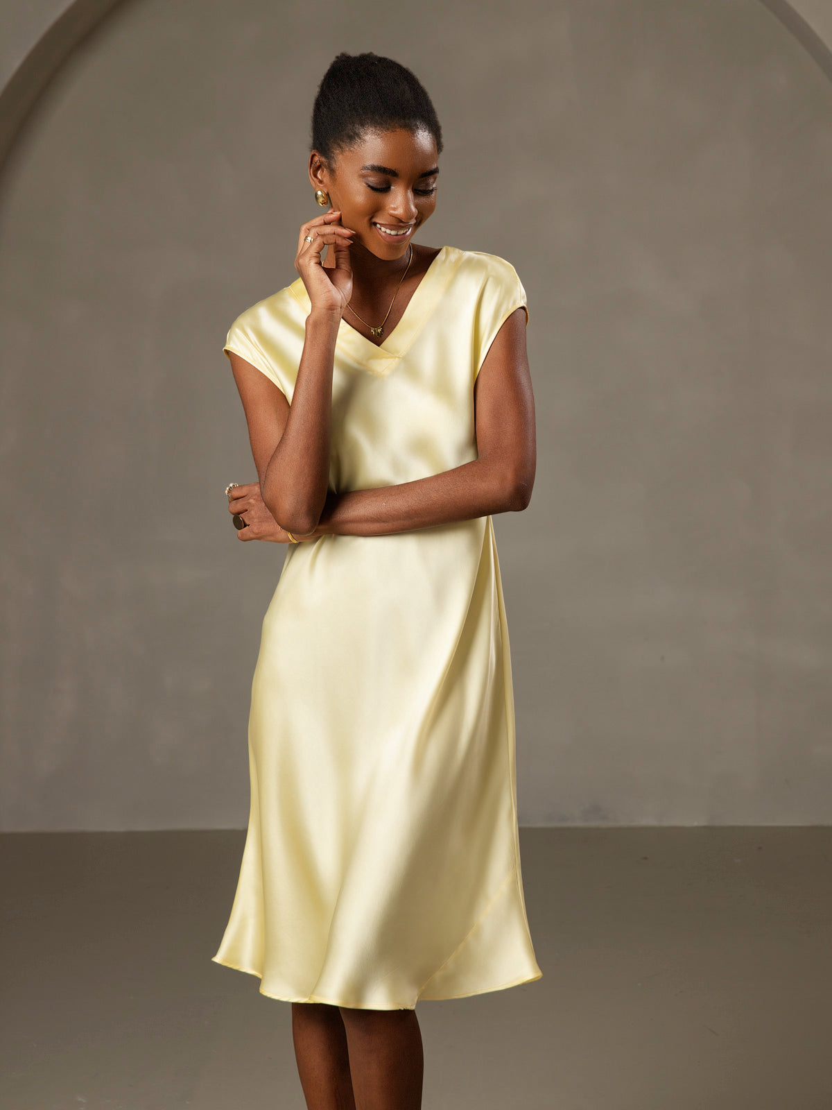 [Yellow] SilkSilky  Pure Silk V Neck Nightgown 001