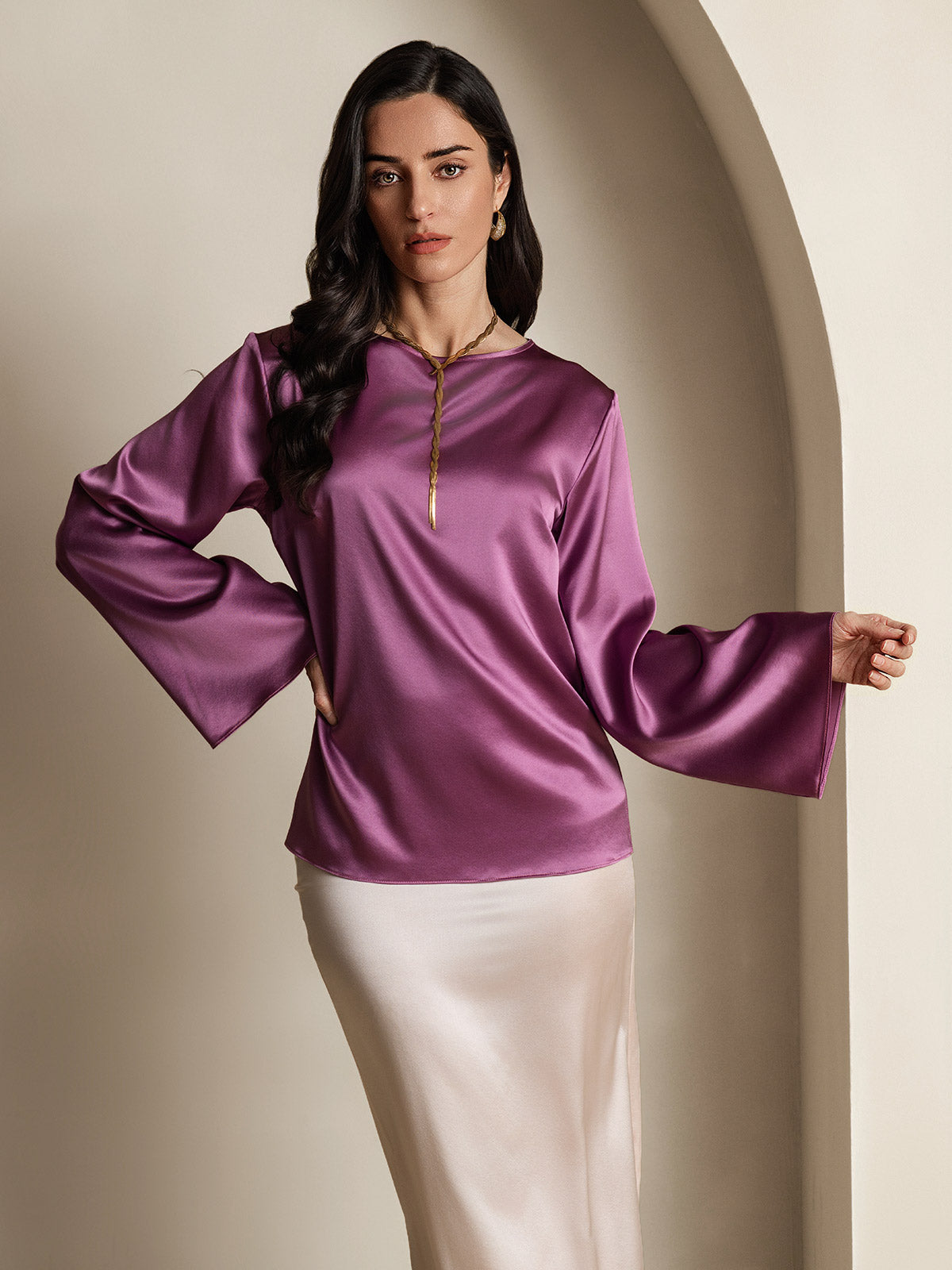 SilkSilky  19Momme Silk Long Sleeve Round Neck Women's T-Shirt DeepPurple 003