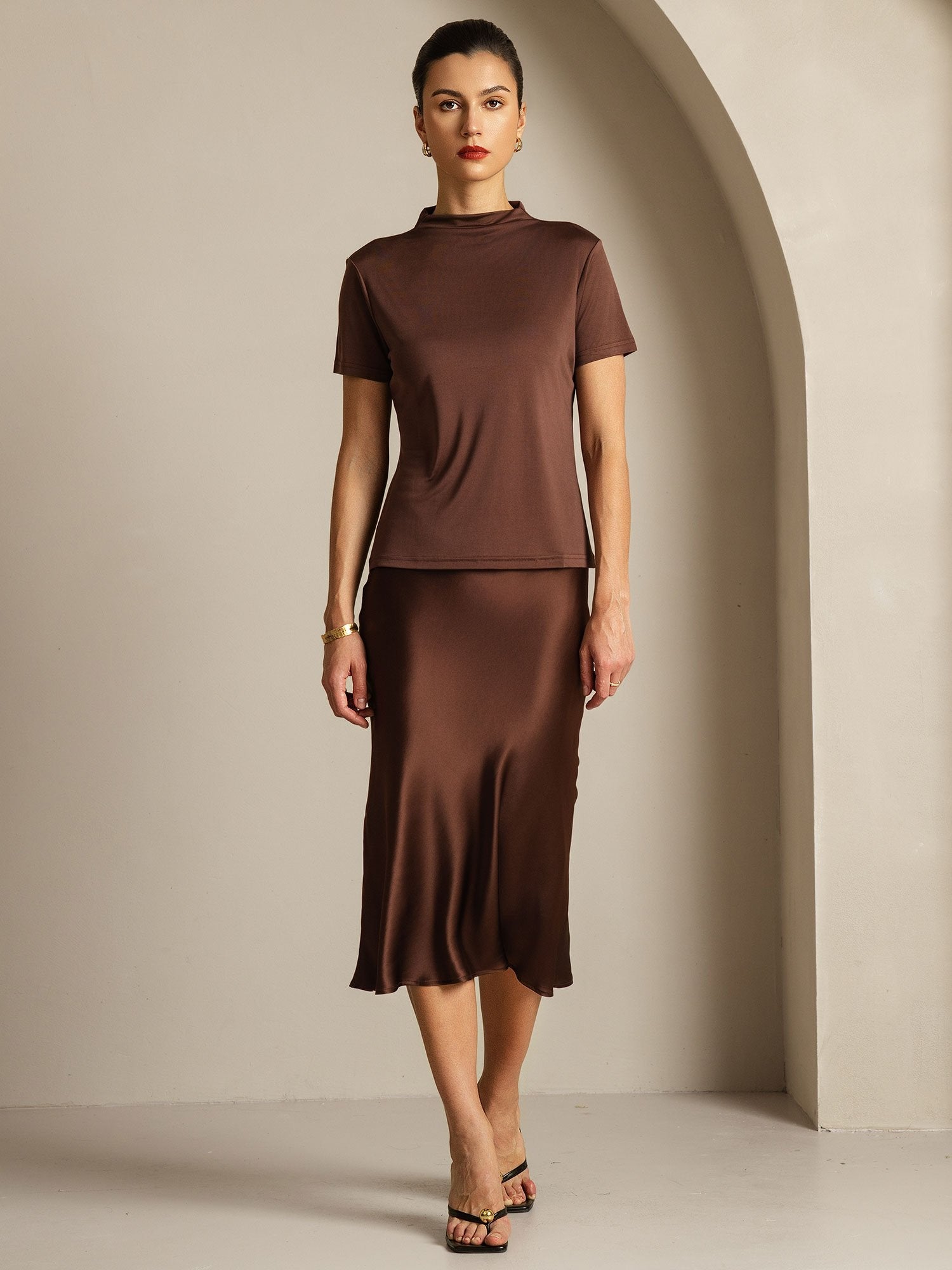 [Coffee] SilkSilky  Pure Silk Collar Women's T-Shirt 006