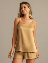 [Tan] SilkSilky  Spaghetti Strap Scoop Neck Camisole Set 005