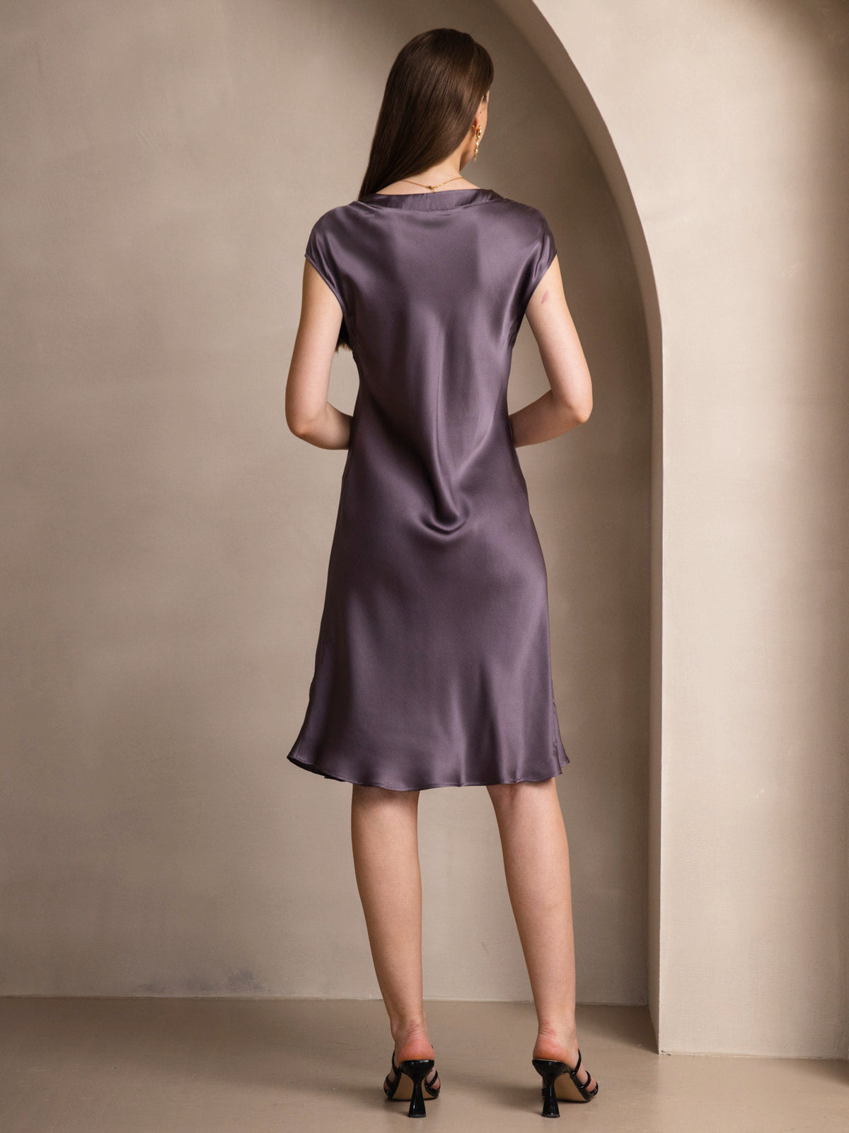 SilkSilky  Pure Silk Sleeveless V Neck Dress PurpleGray 002