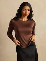 [Coffee] SilkSilky  100% Silk Jersey Long Sleeve Crew Neck Women's T-Shirt 006