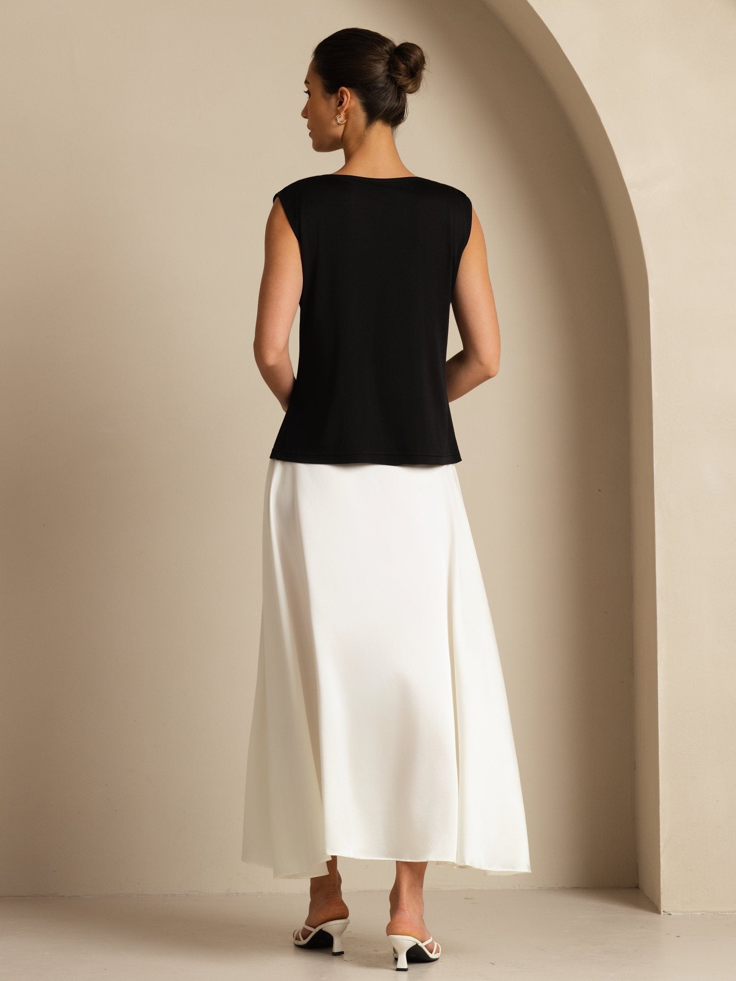 [Black] SilkSilky Silk Sleeveless Cowl Neck Women's T-Shirt 002