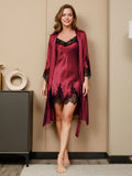 SilkSilky US Pure Silk 3/4 Sleeve Nightgown&Robe Set DarkRed 005