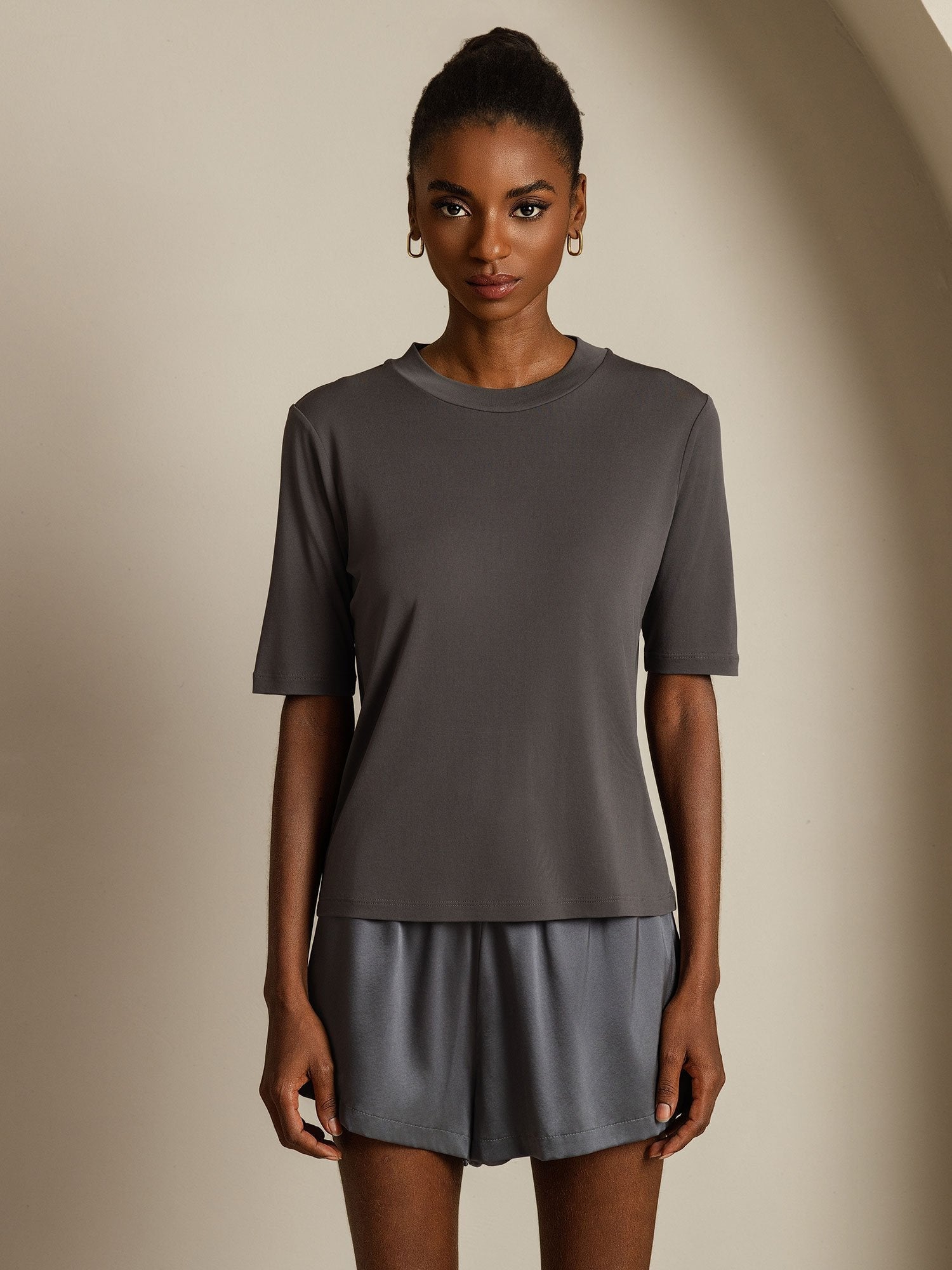 [Gray] SilkSilky  Pure Silk Round Neck Women's T-Shirt 003