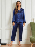 SilkSilky US Pure Silk Long Sleeve Lapel Women's Pajamas DarkBlue 001