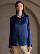 [Dark Blue] SilkSilky  19Momme Stretch Silk Charmeuse Long Sleeve Lapel Collar Women's Shirt 001