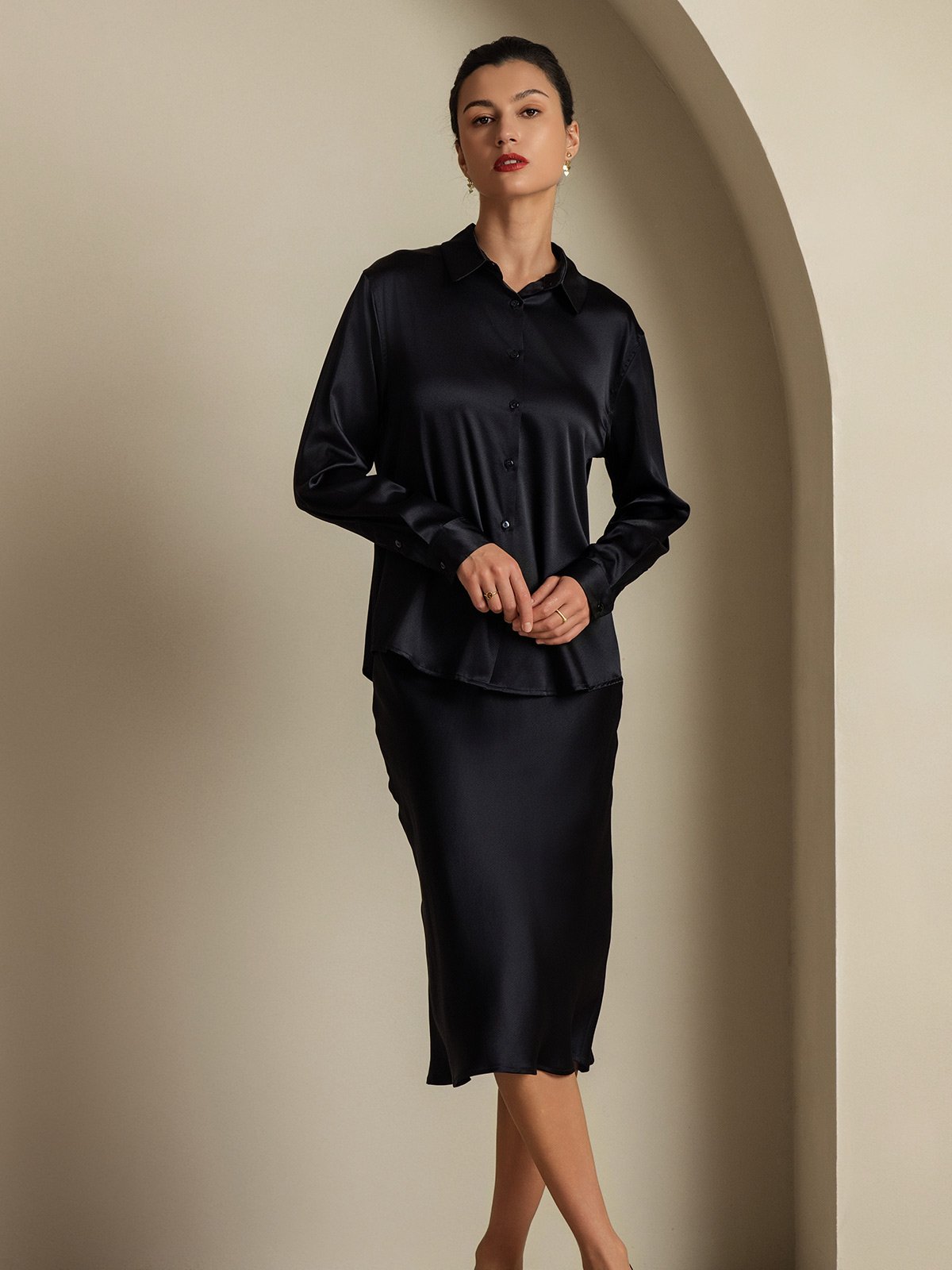 [Black] SilkSilky  19Momme Silk Lapel Collar Women''s Outfit Sets 007,