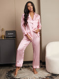 SilkSilky US 19Momme Pure Silk Long Sleeve Lapel Women's Pajamas Pink 001