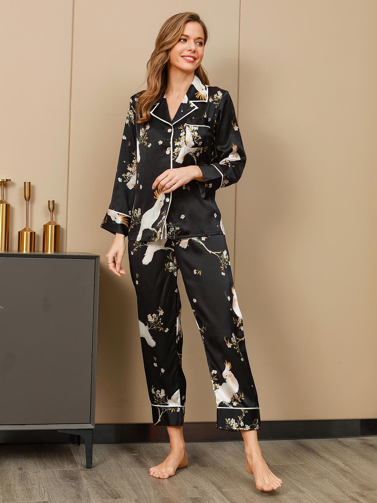 SilkSilky US Pure Silk Long Sleeve Lapel Women's Pajamas Black 003