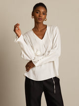 [White] SilkSilky 19Momme Silk Long Sleeve V Neck Blouse 004