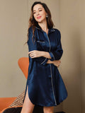 SilkSilky US Pure Silk 3/4 Sleeve Lapel Nightshirt DarkBlue 006