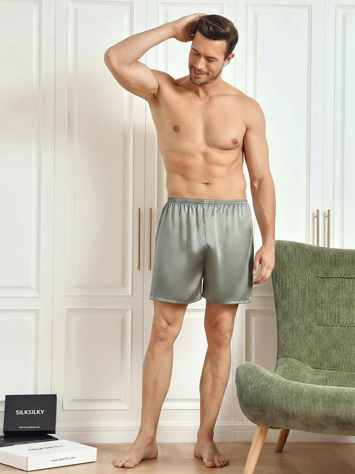 [Grayish Green] SilkSilky  Pure Silk Mens Sleep Bottoms 004