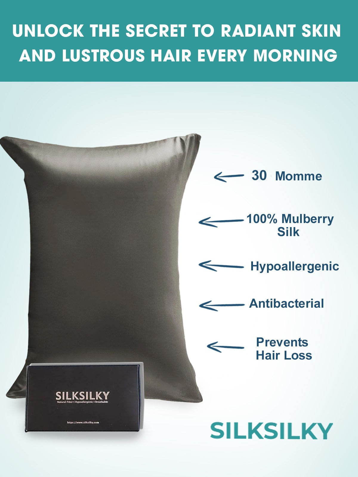 SilkSilky US 30Momme Pure Silk Pillowcase DarkGray 003