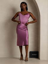 [Deep Purple] SilkSilky  19Momme Stretch Silk Charmeuse Spaghetti Strap Cowl Neck Camisole Top 007