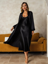 [Black] SilkSilky  Long Sleeve V Neck Nightgown&Robe Set 001