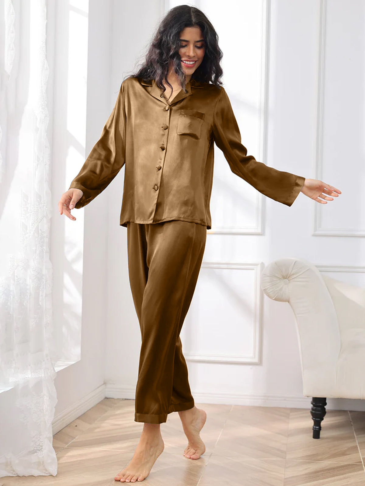 [Brown] SilkSilky  Pure Silk Womens Pajamas 003,