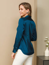 [Teal] SilkSilky  19Momme Stretch Silk Charmeuse Long Sleeve Lapel Collar Women's Shirt 002