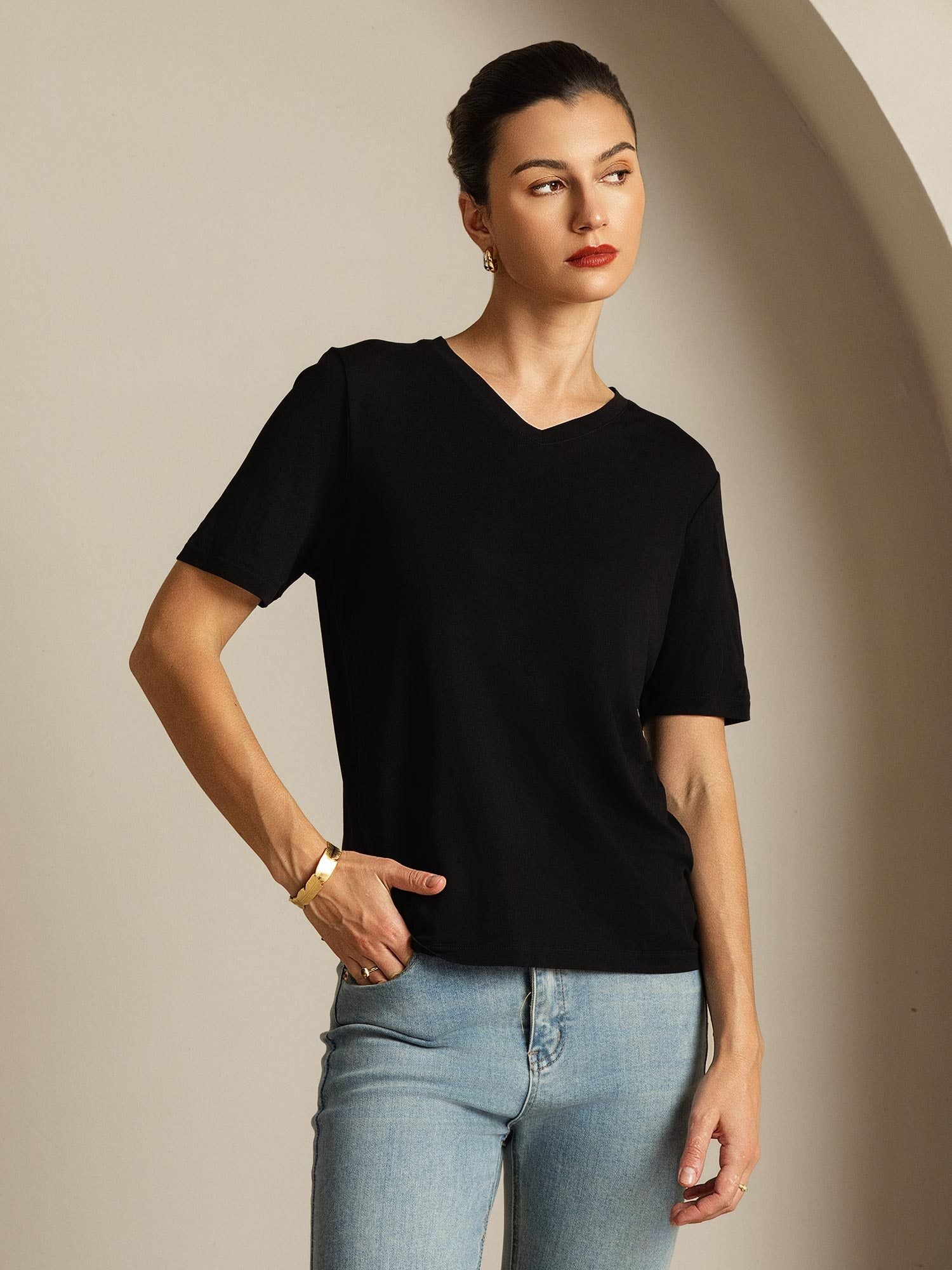 [Black] SilkSilky Pure Silk V Neck Women's T-Shirt 007