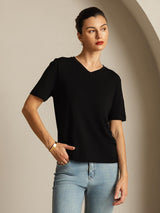 [Black] SilkSilky  100% High-Twist Silk Jersey Short Sleeve V Neck Women's T-Shirt 007