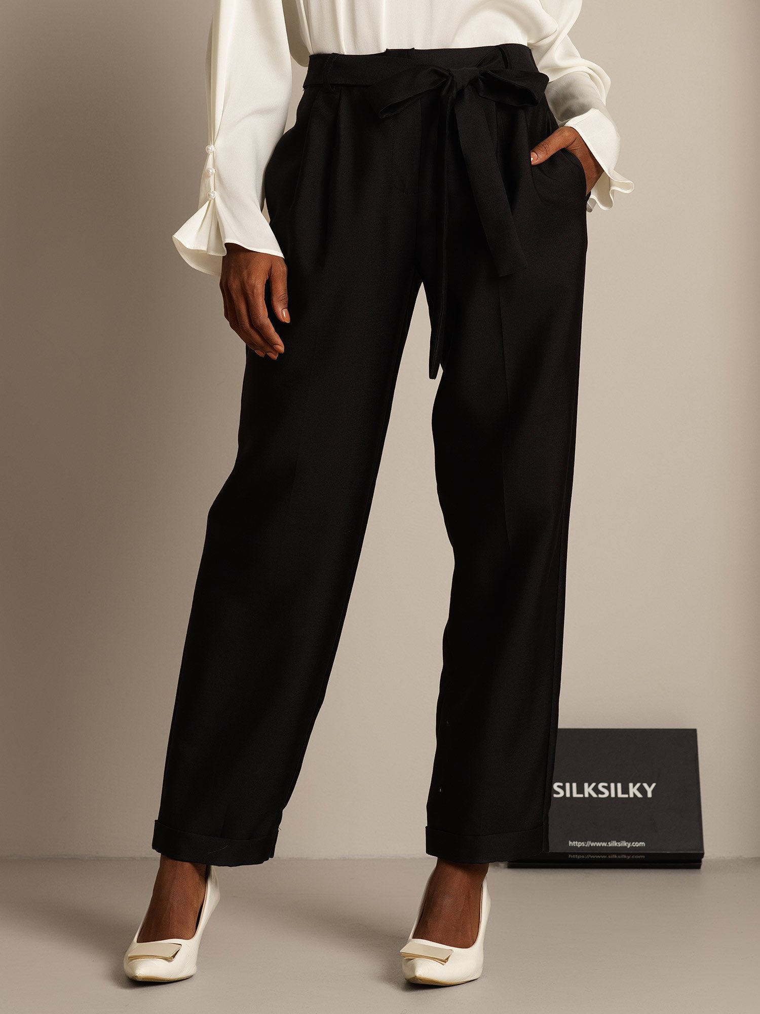 [Black] SilkSilky  32Momme Silk Womens Pants 001,
