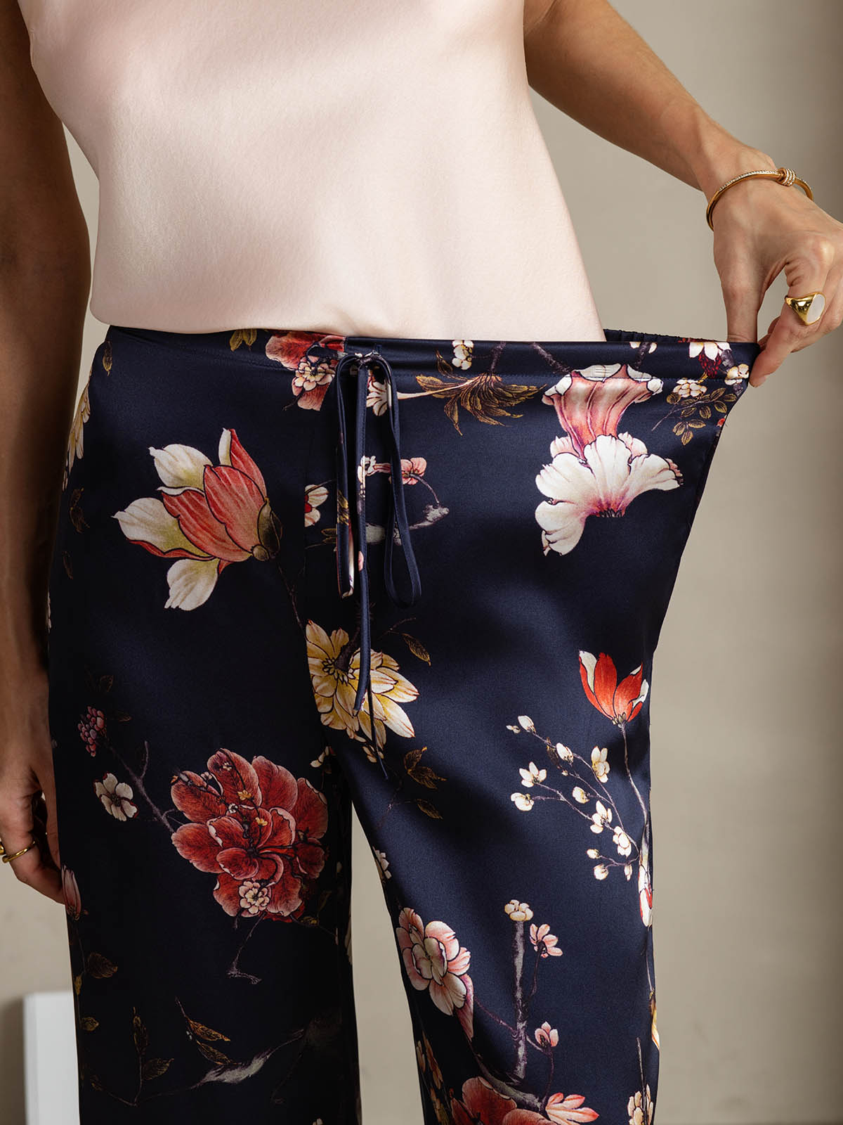 [Navy Floral] SilkSilky  19Momme Silk Womens Pants 004