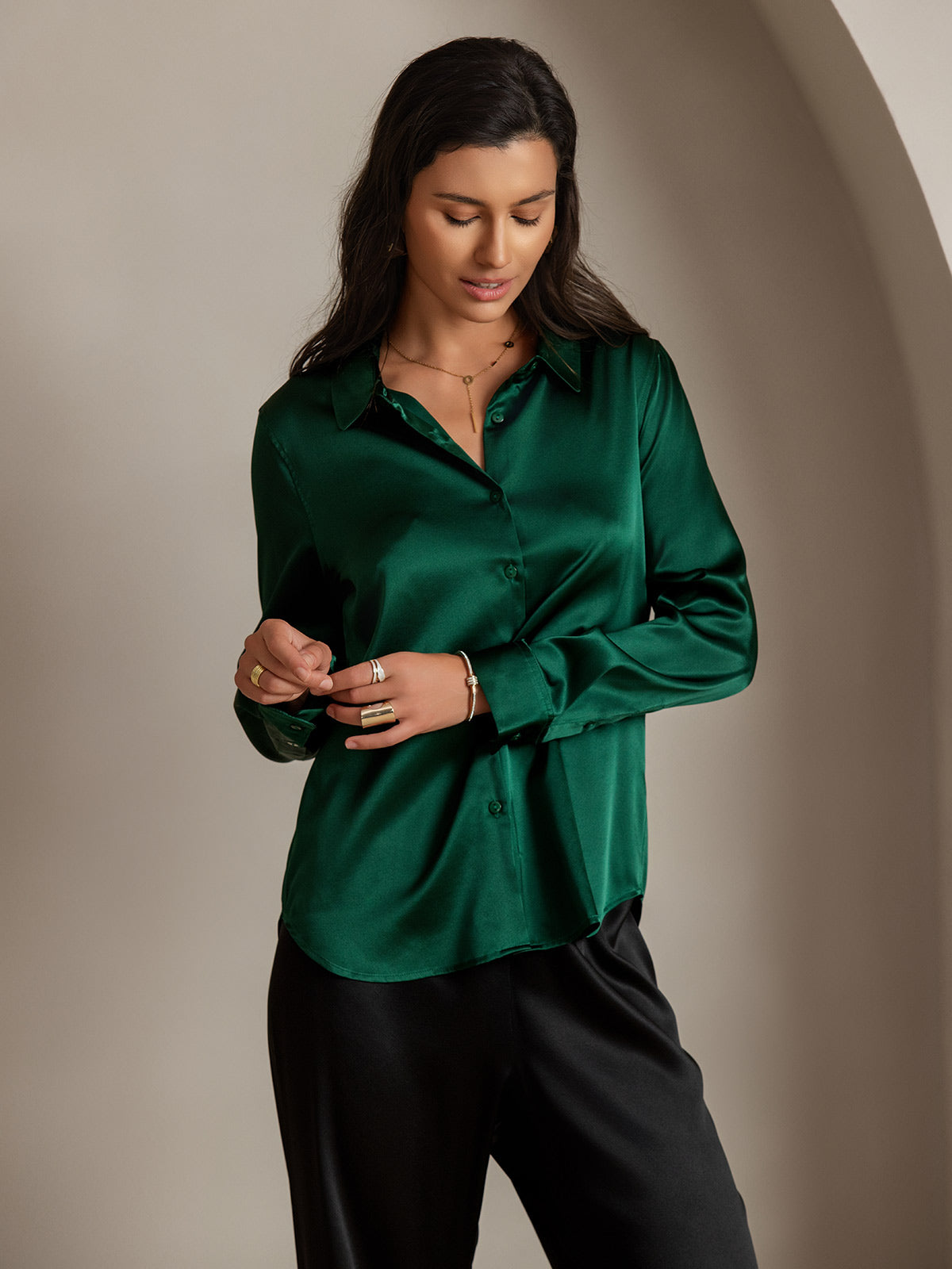 [Dark Green] SilkSilky  Silk Lapel Collar Women's Shirt 004
