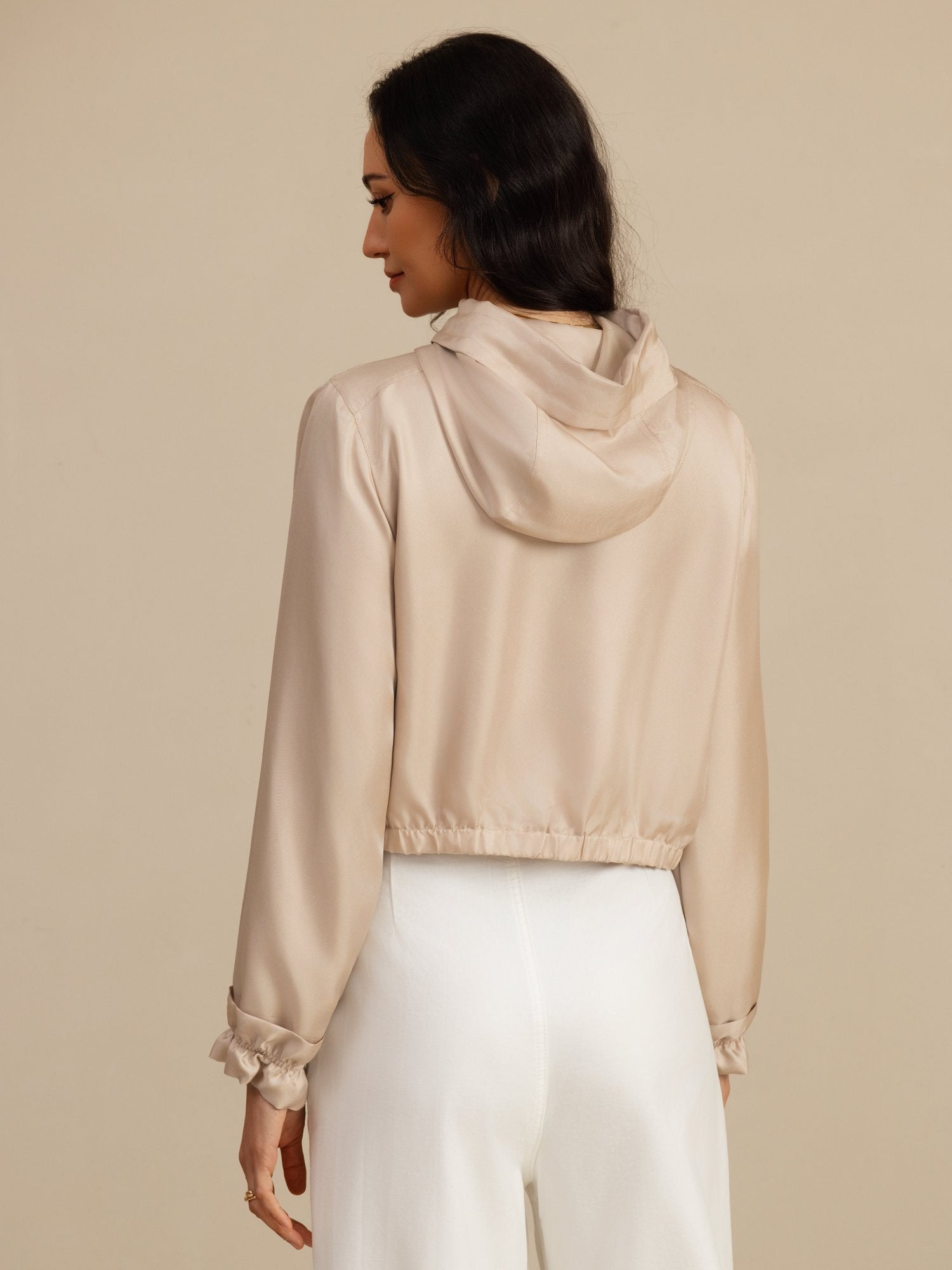 [Tan] SilkSilky 18Momme Silk Satin Surah Long Sleeve High Neck Women's Outerwear 002