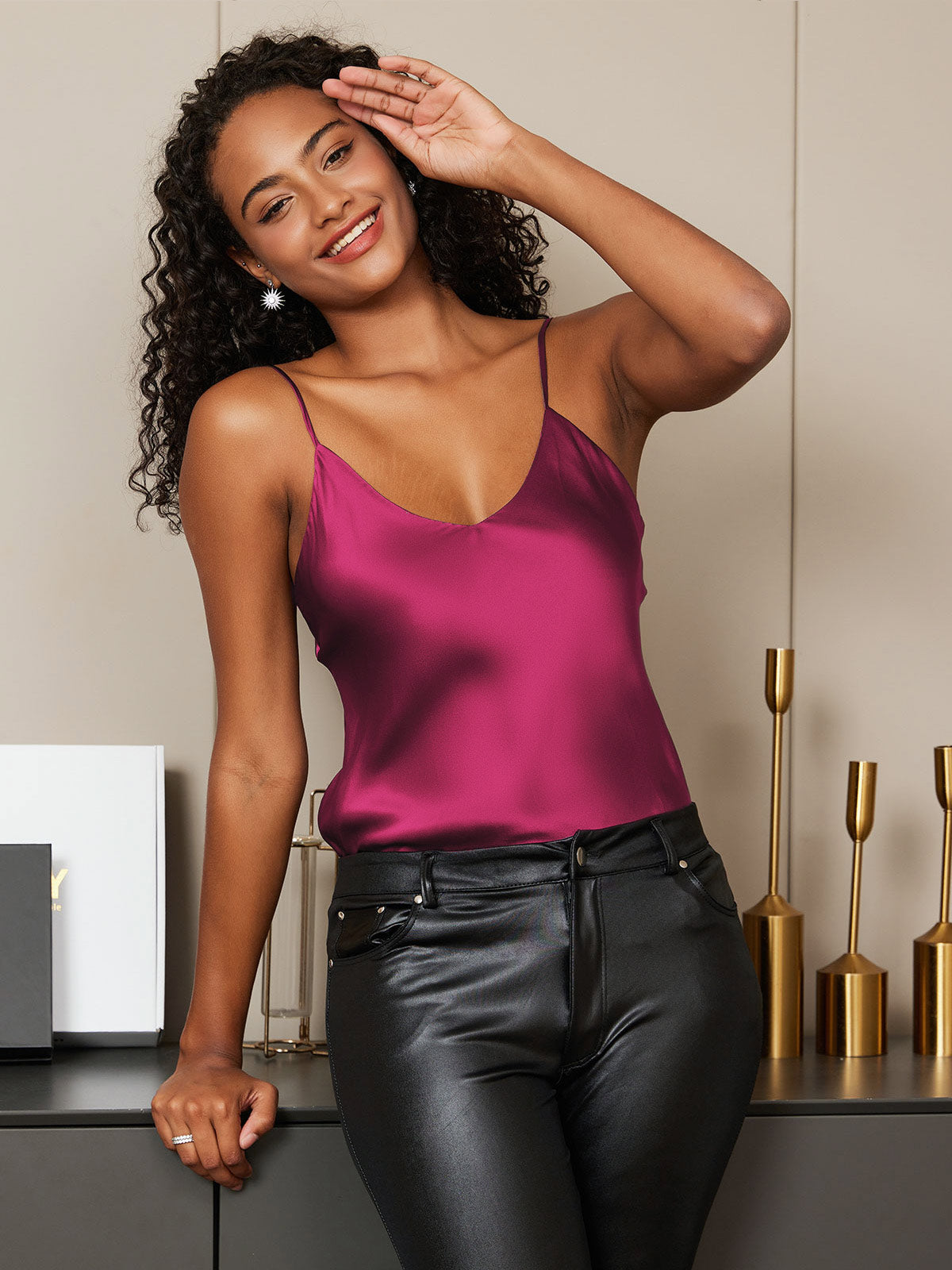 [Fuchsia] SilkSilky  Pure Silk V Neck Camisole Top 001
