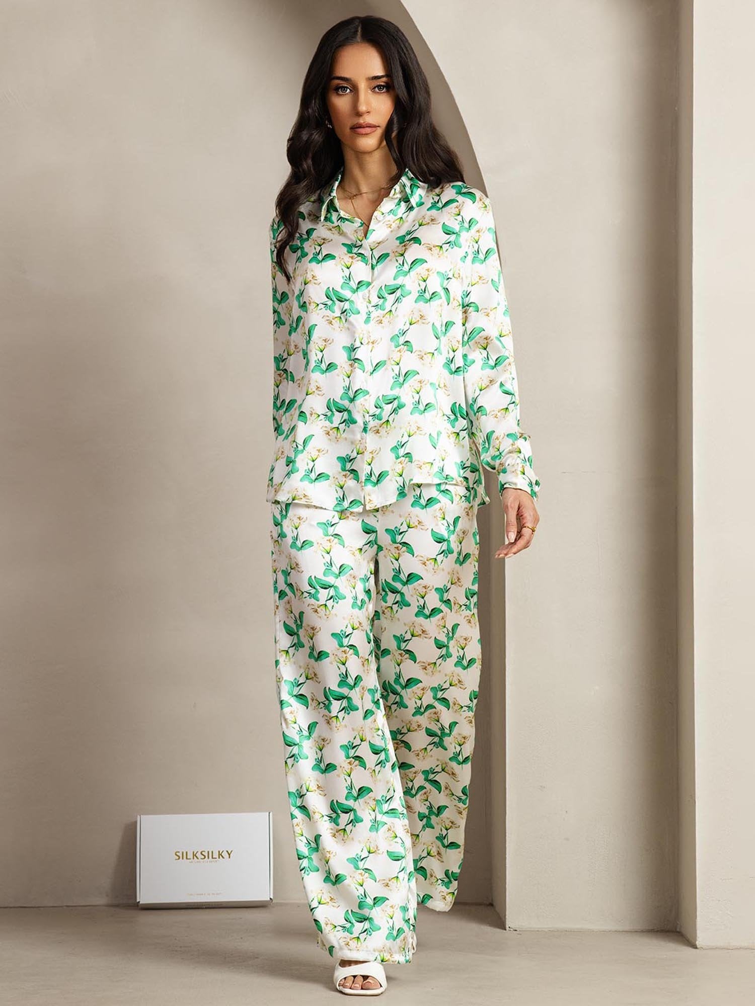 [GreenFloral] SilkSilky 19Momme Silk Lapel Collar Women''s Outfit Sets 002