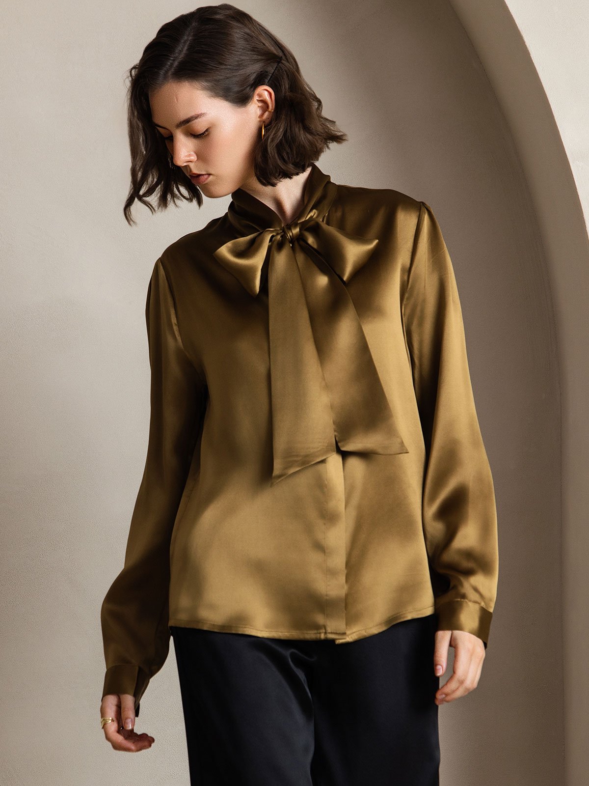 [Brown] SilkSilky 19Momme Silk Long Sleeve Tie Neck Women's Shirt 001