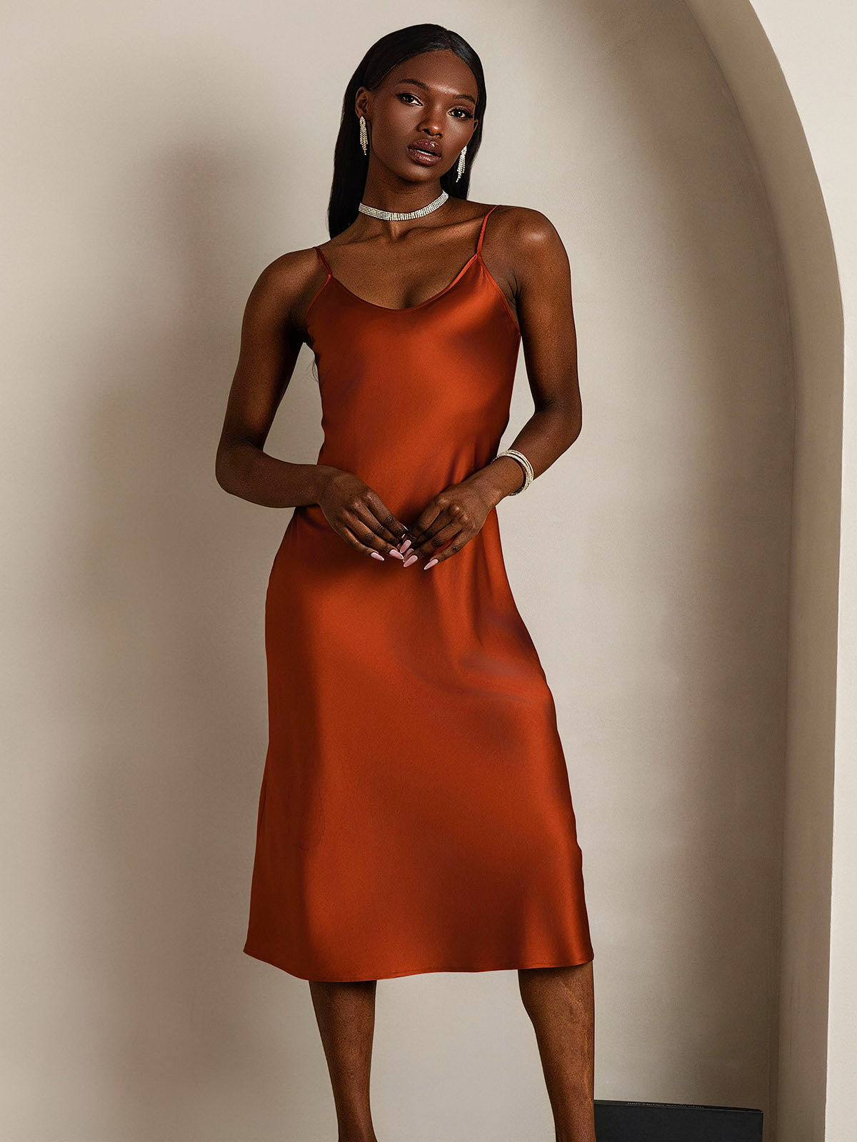 SilkSilky  Pure Silk Sleeveless Round Neck Dress Caramel 003