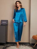 SilkSilky  Pure Silk Long Sleeve Lapel Women's Pajamas Teal 001