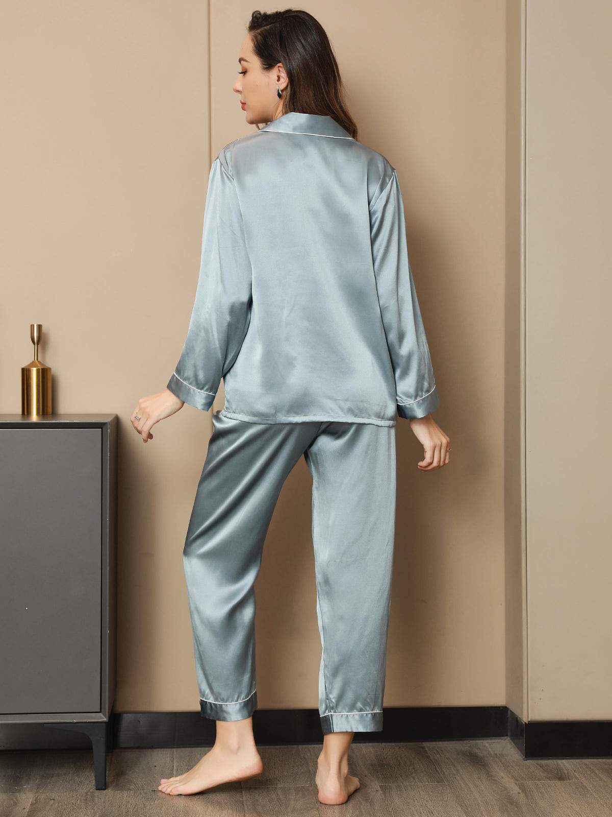 SilkSilky US Pure Silk Long Sleeve Lapel Women's Pajamas SteelBlue 002