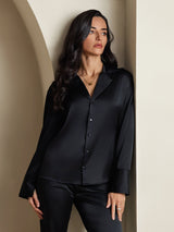 [Black] SilkSilky  19Momme Long Sleeve Notch Collar Women's Shirt 005