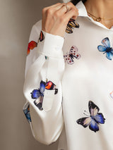 [White Butterfly] SilkSilky  Silk Long Sleeve Lapel Collar Women's Shirt 004