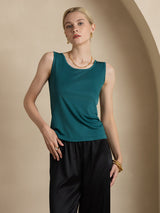 [Dark Green] SilkSilky  100% Silk Jersey Sleeveless Round Neck Women's T-Shirt 005