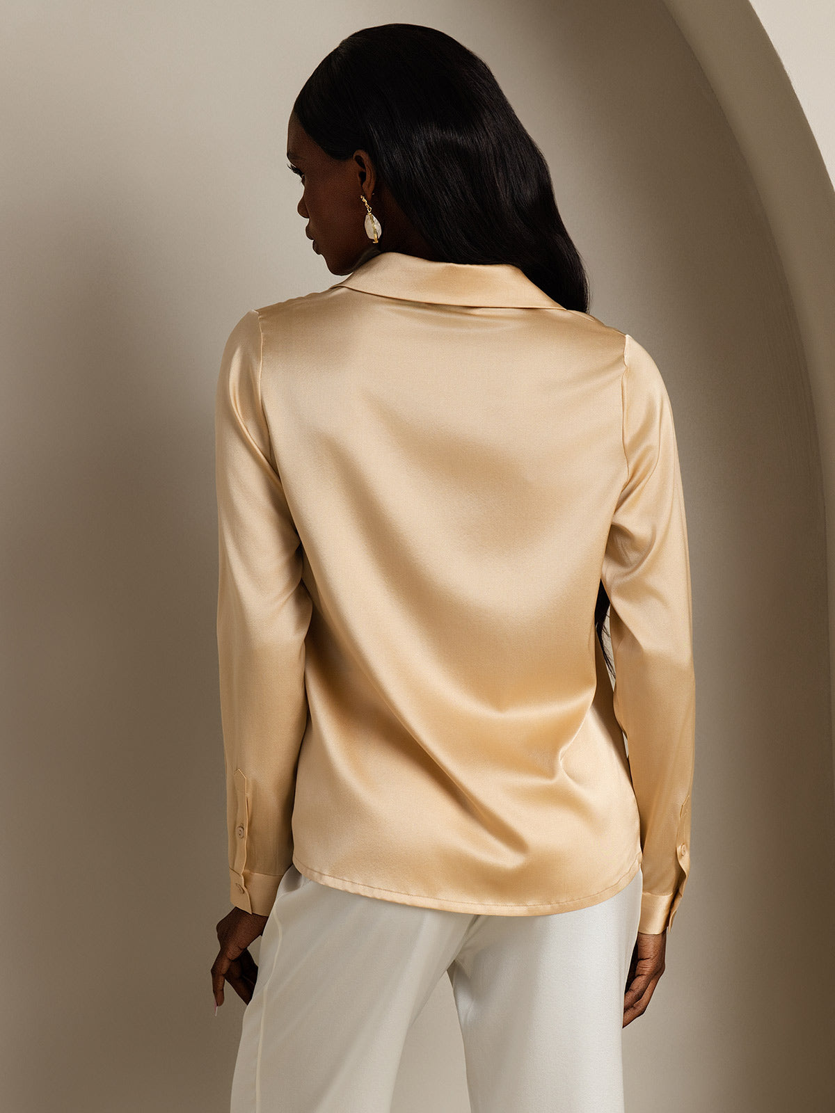 SilkSilky  19Momme Silk Blend Long Sleeve Collar Women's Shirt Champagne 002