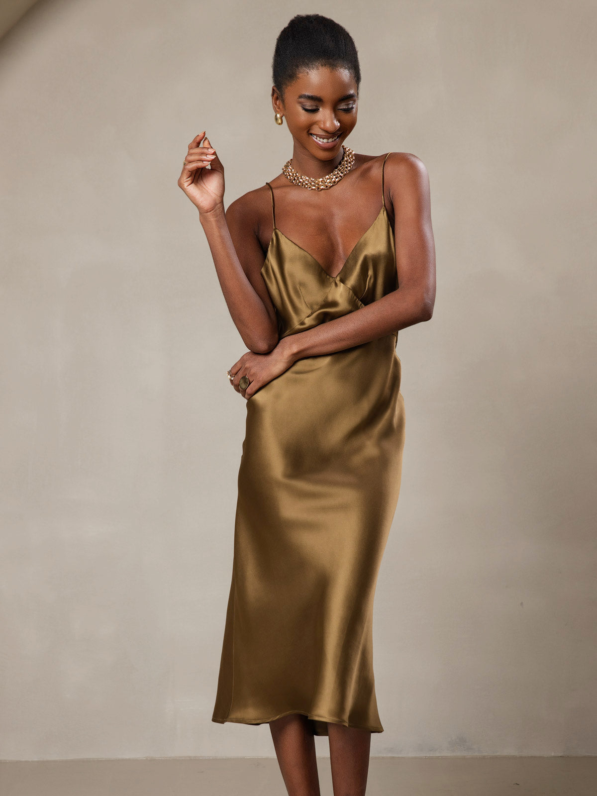 [Brown] SilkSilky  19Momme Pure Silk V Neck Dress 001
