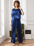 SilkSilky US Pure Silk Half Sleeve Round Neck Women's Pajamas DarkBlue 003