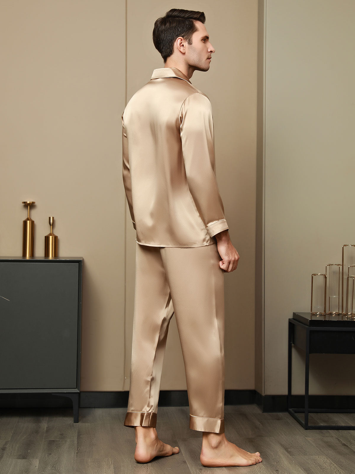 SilkSilky US Pure Silk Long Sleeve Lapel Men's Pajamas Champagne 002