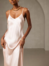 [Pink] SilkSilky  Pure Silk Spaghetti Strap V Neck Dress 005