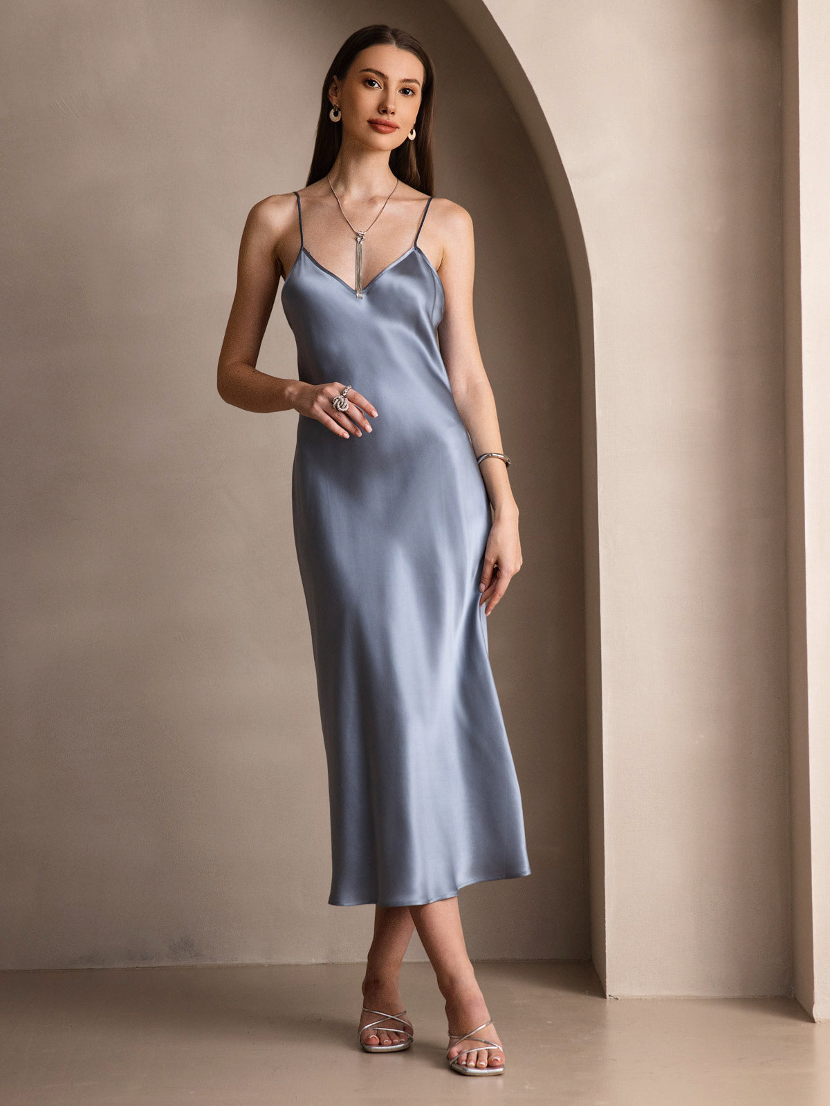 SilkSilky  Pure Silk Sleeveless Round Neck Dress GrayishBlue 004