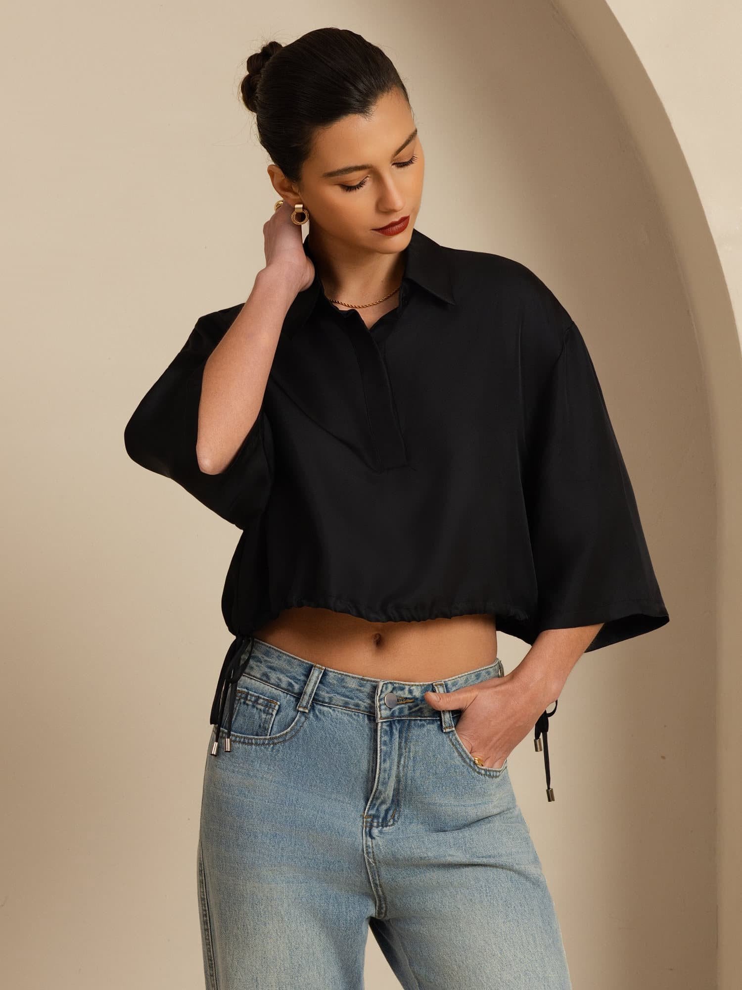 [Black] SilkSilky  18Momme Silk Satin Surah Half Sleeve Lapel Collar Blouse 005