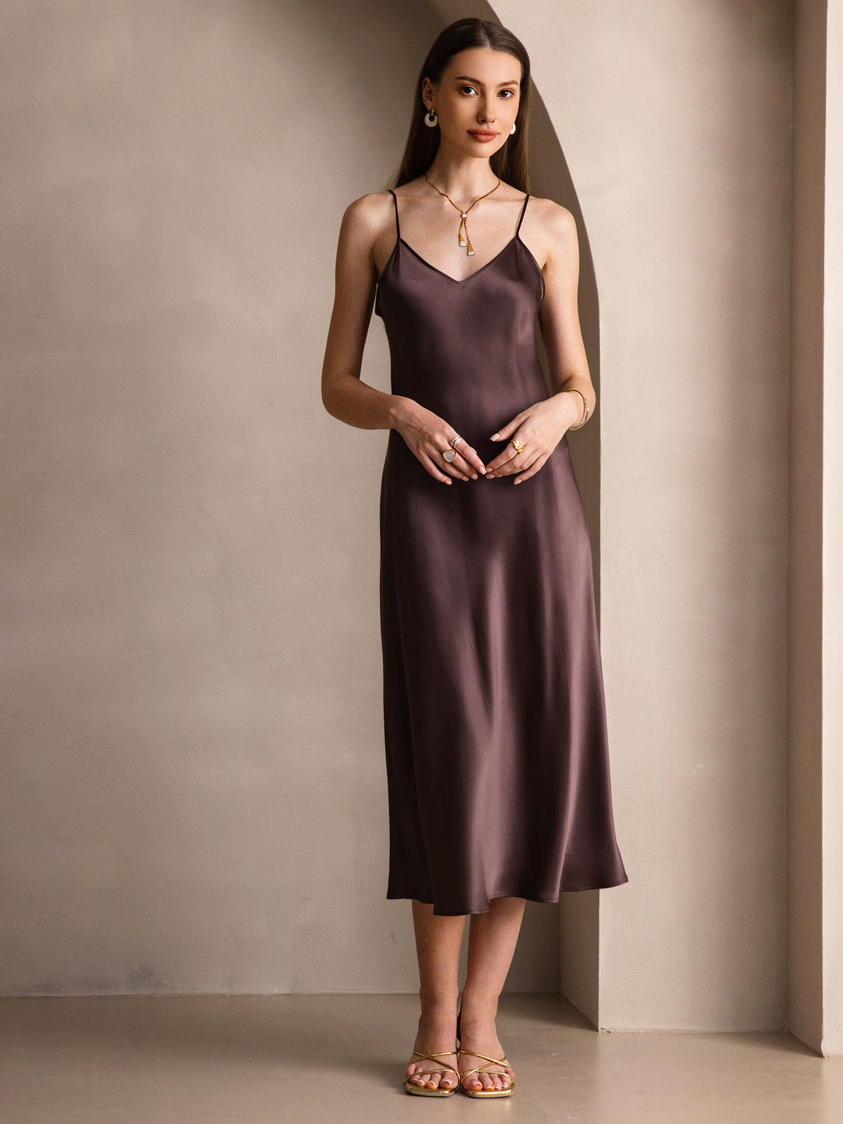 SilkSilky  Pure Silk Sleeveless Round Neck Dress Coffee 005