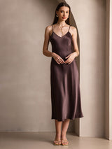 [Coffee] SilkSilky  Spaghetti Strap V Neck Dress 005